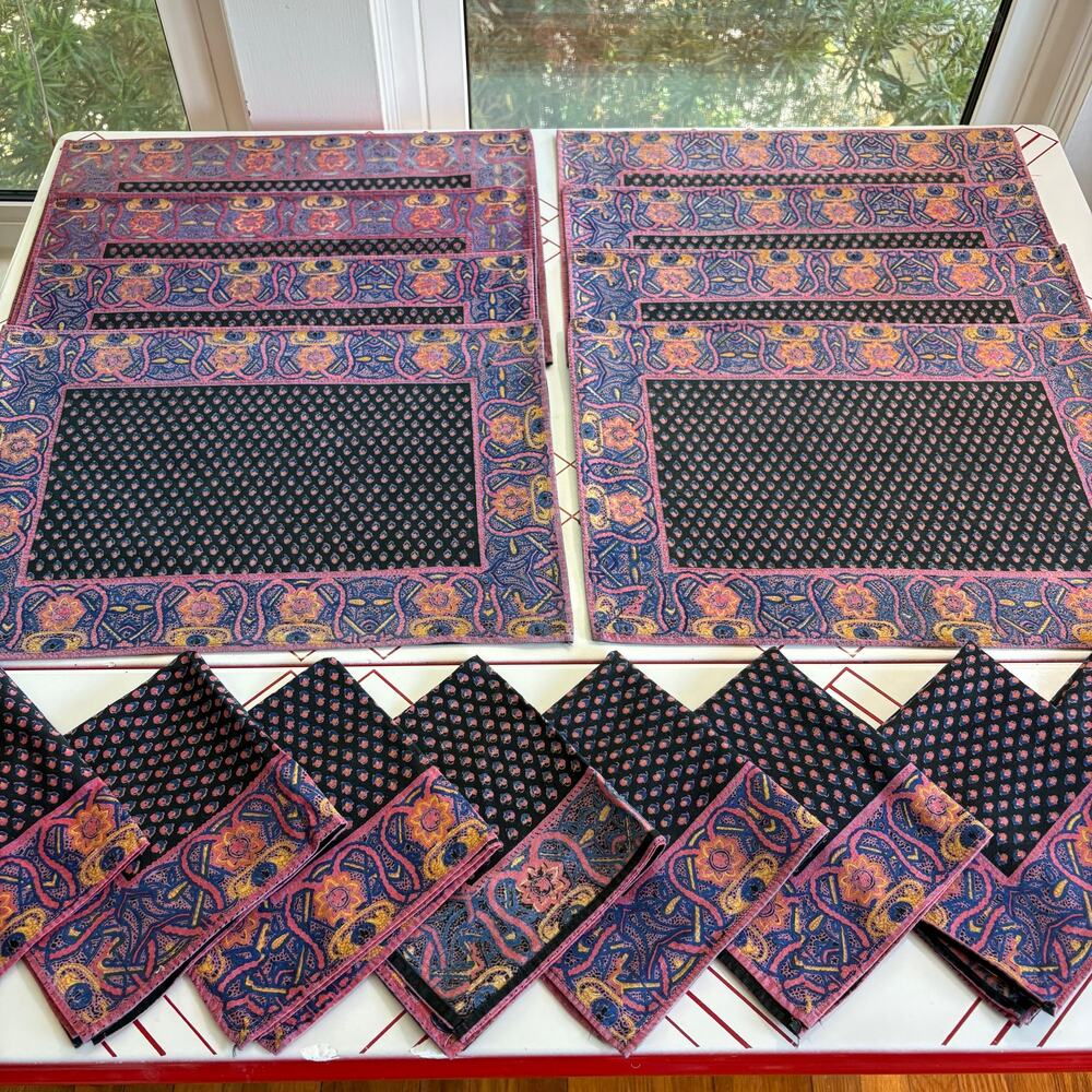 Vintage 8 Placemats 8 Napkins Purple Paisley Cotton Table Linens